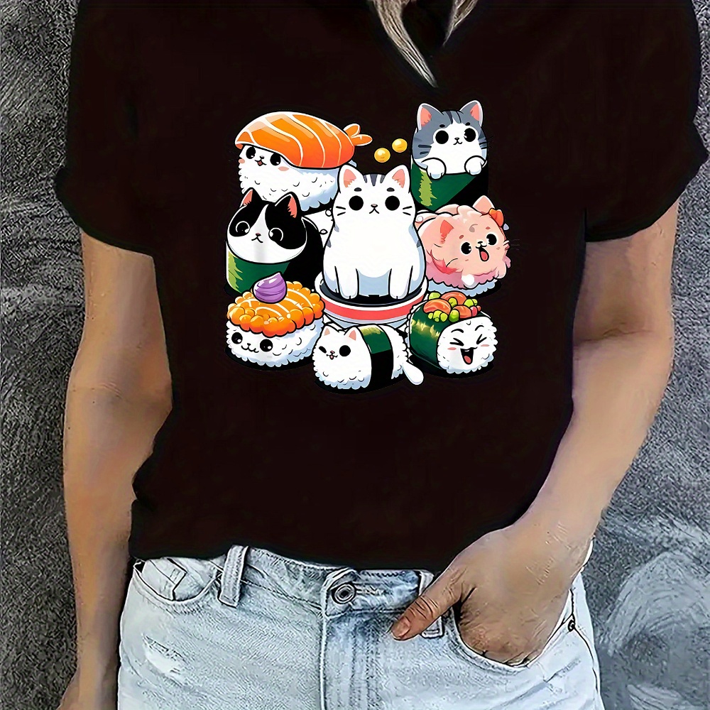 

Cartoon Pattern Print Women' Trendy T-shirt, Round Neck Short Sleeve, Simple Casual Sports T-shirt, Comfortable For Holidays