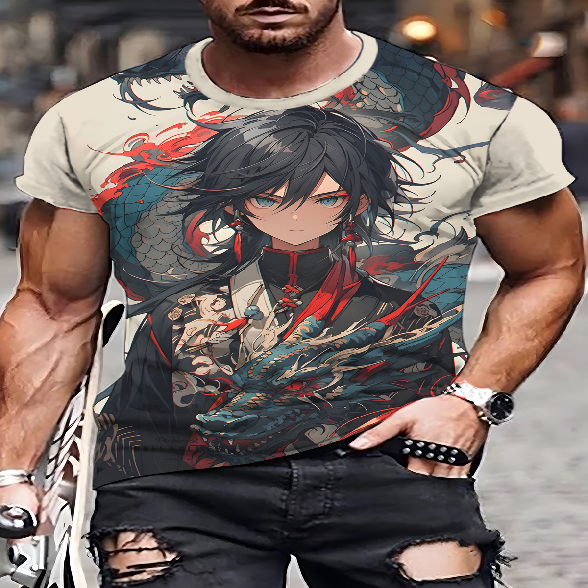 

Men's Anime-themed Graphic T-shirt, Short Sleeve, Polyester, Round Neck, Machine Washable, Vibrant Dragon & Character Print, Casual Streetwear Style, Anime | Vibrant Graphic Tee | Smooth Texture