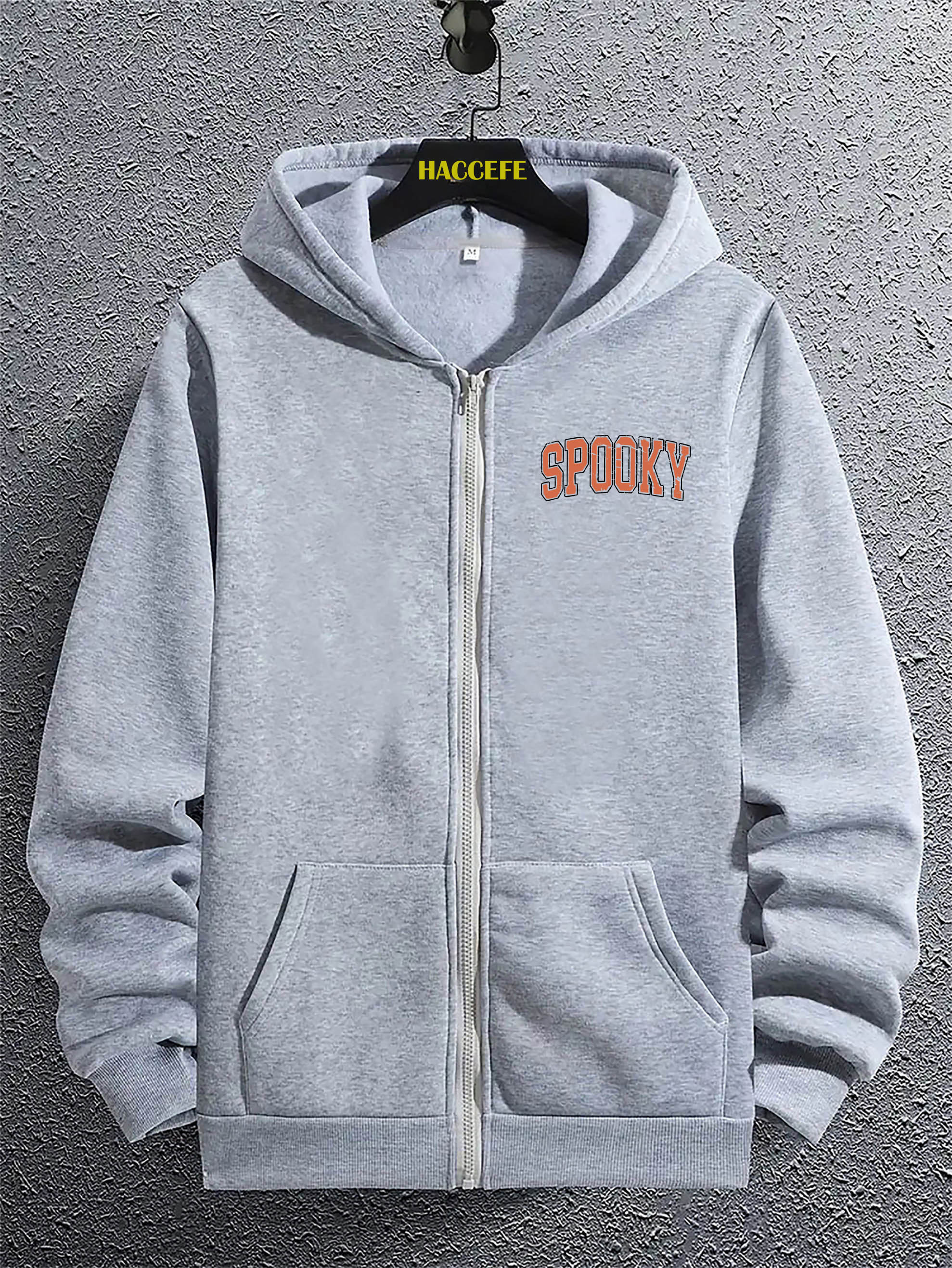 남성용 캐주얼 폴리에스터 후드 집업 재킷, 빈티지 스푸키 글자 프린트, 니트 원단, 일반 핏, 사계절 후드티, 스웨터 후드