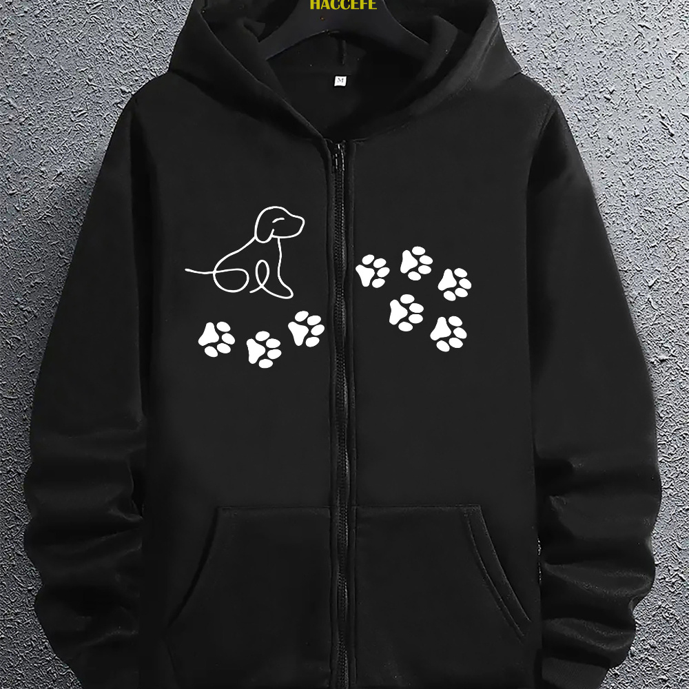 

Men' Hoodie With Dog Paw Print, Casual Geometric Pattern, Regular Fit, Polyester Knit, Zippered Pullover With Kangaroo Pockets, , Stretchy Material, Unisex Sizes