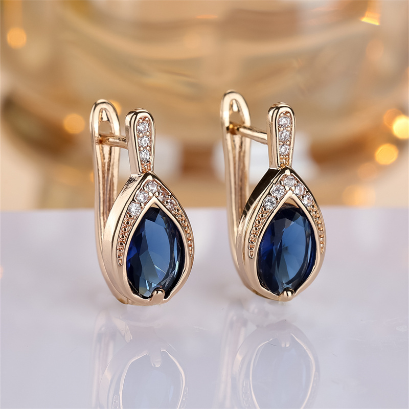 

Chic Blue Teardrop Zirconia Drop Earrings For Women - Elegant Golden Clip-on Wedding Jewelry, Winter, New Year