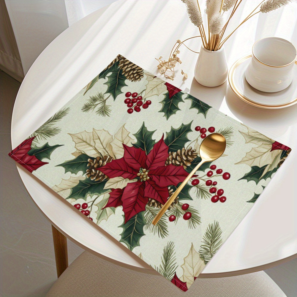 

4-pack Christmas Placemats - Woven Polyester, Heat And Stain Resistant, Machine Washable Table Mats With Poinsettia Design For Holiday Dining Decor