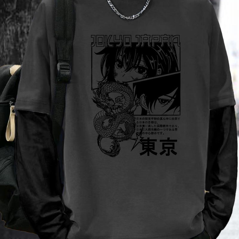 

Men's Dragon Long-sleeve T-shirt - Crew Neck, Knit Polyester Fabric, Loose Fit, , Geometric-pattern With Heat Transfer Printing