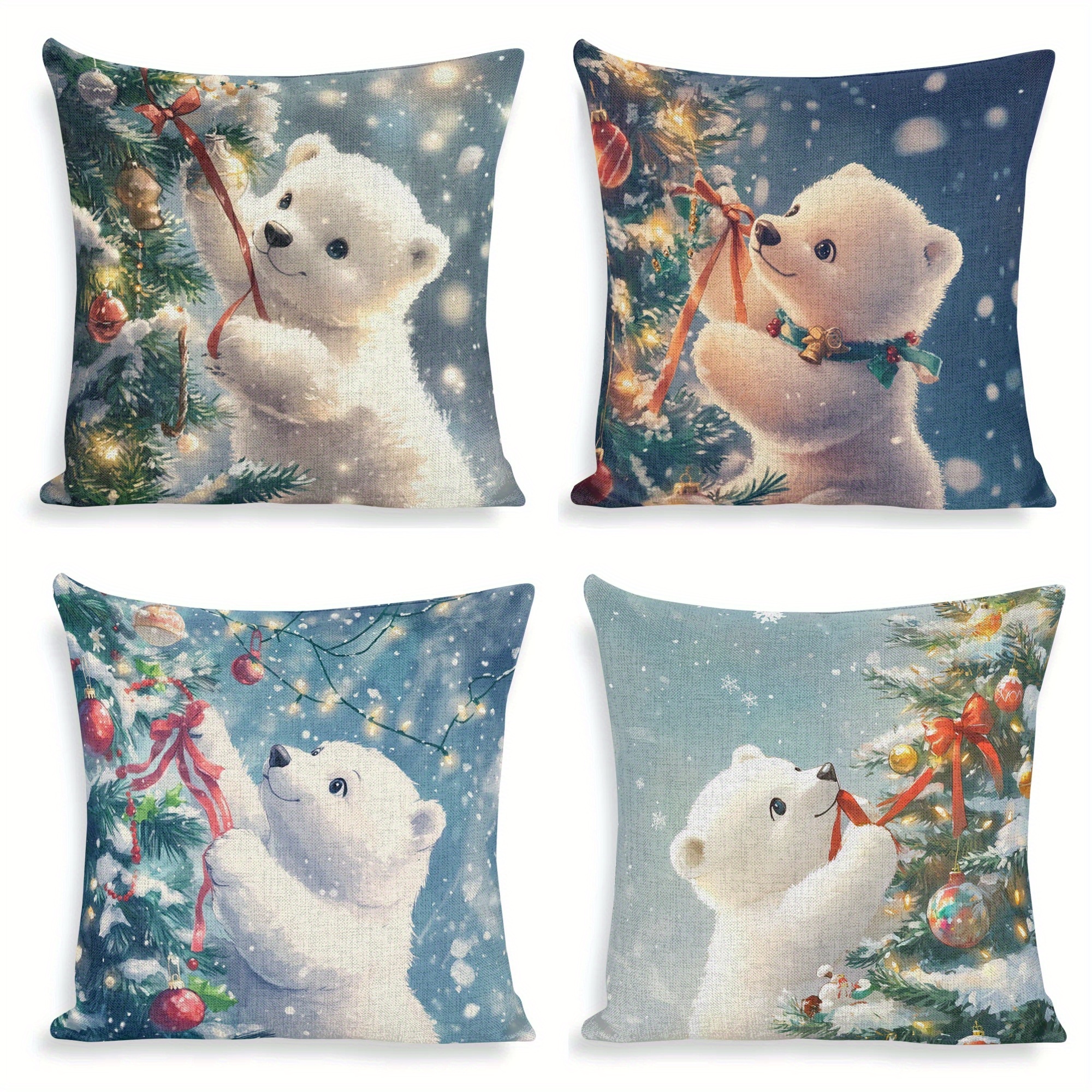 

4pc Christmas Polar Bear And Tree Throw Pillow Covers 18x18 Inch - Contemporary Hand Wash Only Zippered Polyester Decorative Pillowcases For Sofa, Chair, Bed, Car, Living Room, Office - Woven