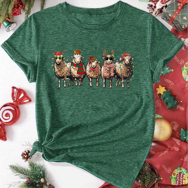 

Christmas 5 Christmas Sheep Printed Fashion Ladies Casual Sports Short Sleeve Top