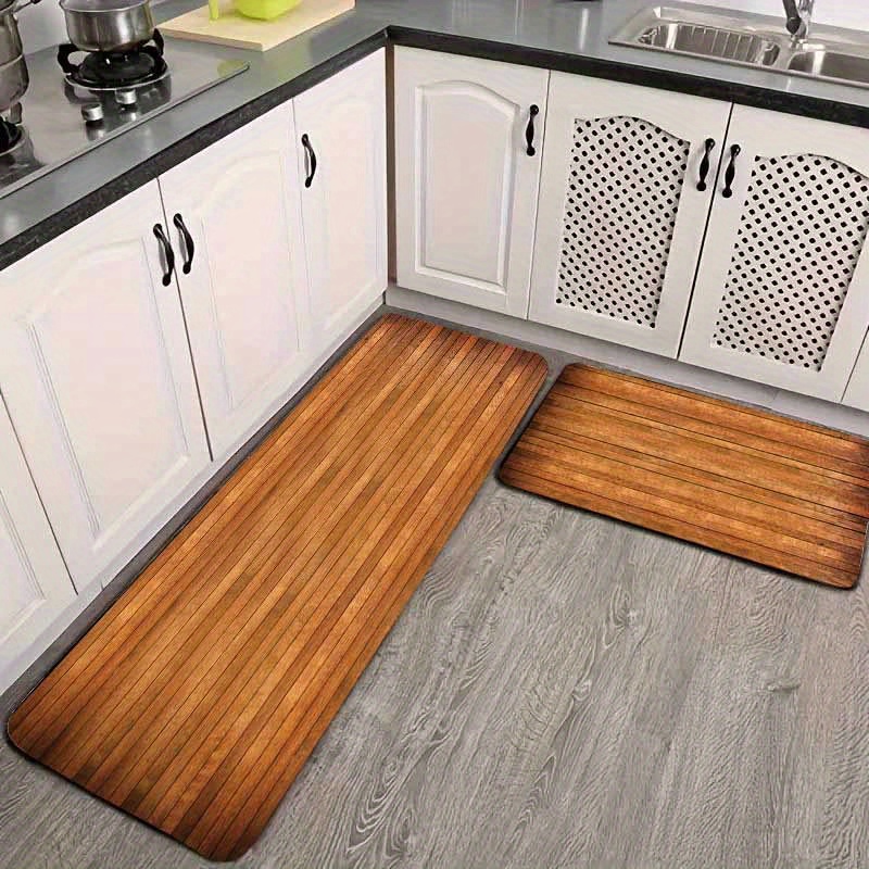 

1pc 1.1cm Kitchen Mat With Wooden Strip Design - Non-slip, & Stain-resistant For Kitchen, Living Room, Porch, Balcony - Machine Washable Polyester Decor