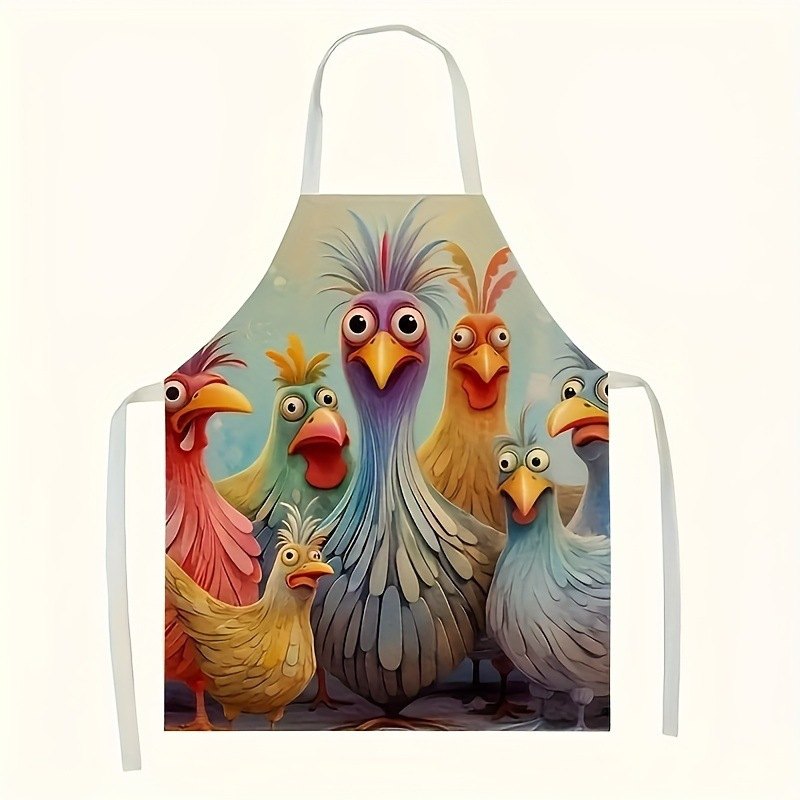 TEMU 1pc Fun Cartoon Chicken Pattern Apron - Linen Woven Kitchen Apron With Adjustable Neck Strap - Couple's Vibrant Chicken Graffiti Pattern Waterproof Apron - Christmas Thanksgiving Daily Universal