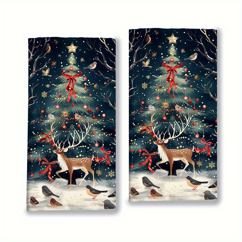 

2pcs Set Christmas Kitchen Towels - 18x26 Inch, Tree & Elk Design, Holiday Decor & Use