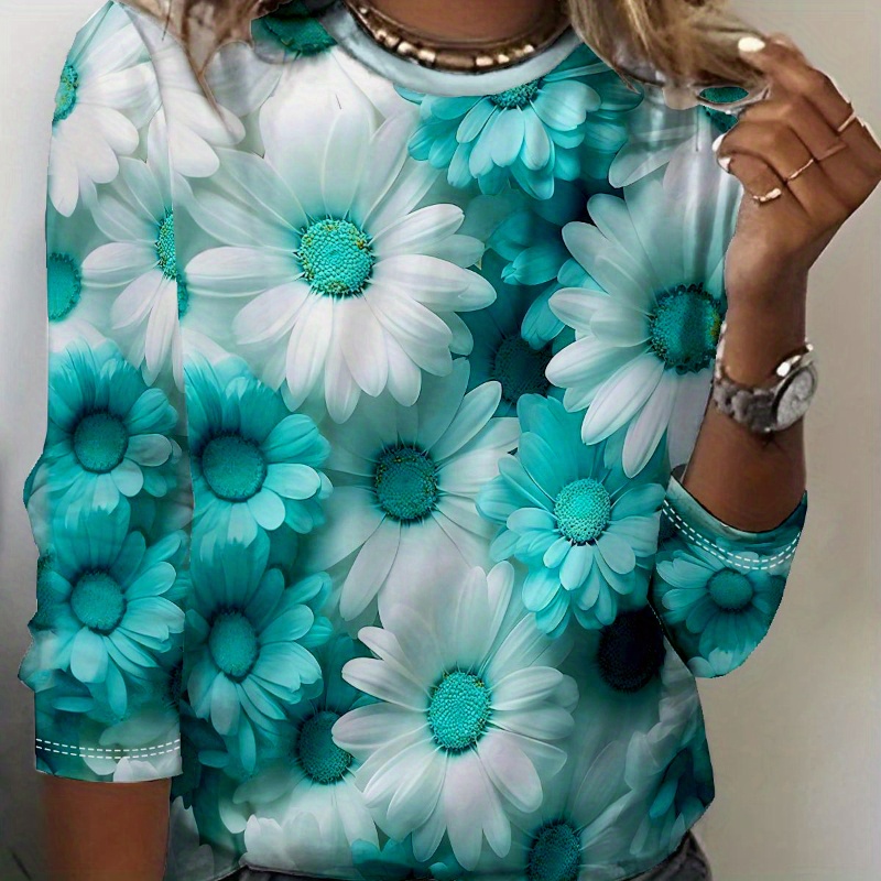 

Women's T-shirt With Blue And White Floral Print - Comfortable Long Sleeved Round Neck - For Spring And Autumn Casual Wear
