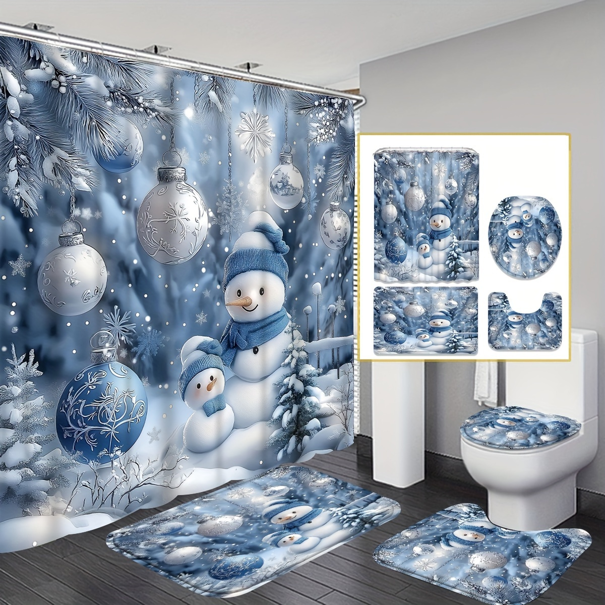 

1/4pcs Christmas Decoration Snowman Shower Curtain Set, Curtain 12 , Bathroom Rug, U-shaped Pad, , Bathroom Decoration, Bathroom Shower Curtain Set, Bathroom Accessories