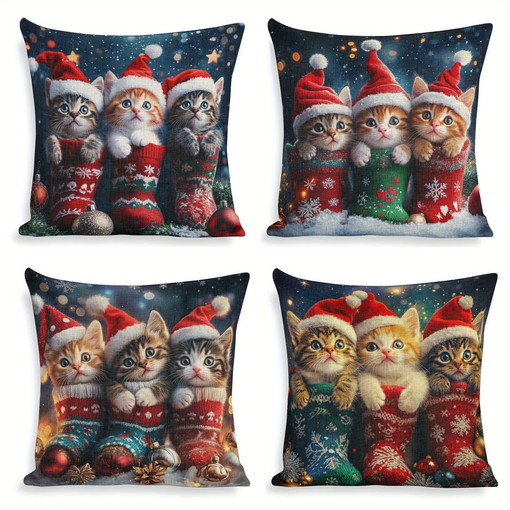 

Christmas Cat & Socks Design - 4pcs Set, 18x18 Inch Square Throw Pillow Covers, Sofa, Bed, Living Room, And Car - Zip Closure, Hand Washable Polyester