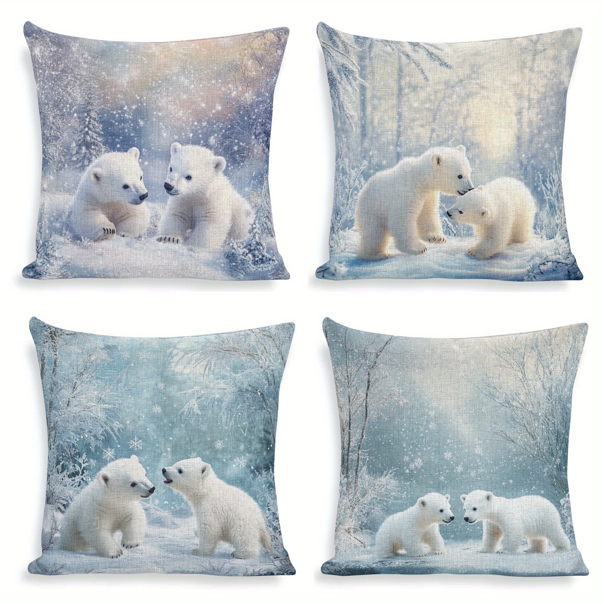 

4pcs Polar Winter Scene Pillow Covers, 18x18 Inch - Soft Polyester, Zippered Cases For Sofa, Bed, Car, And Office Decor, Bear Home Decor