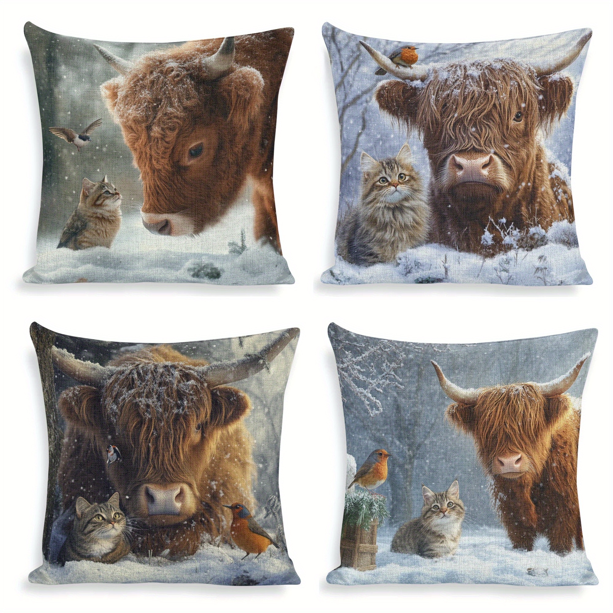 

4pcs, Winter Highland Cow And Kitten Decorative Pillow Pillowcase 18x18 Inch Square Pillow Cushion Cover Suitable For Sofas, Chairs, Beds, Bedrooms, Cars, Living Rooms, Offices