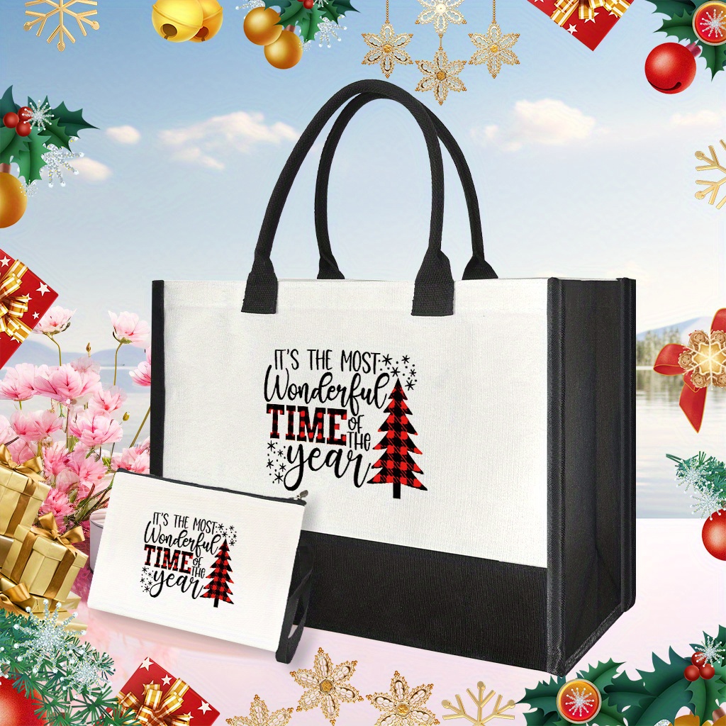 

Christmas Themed Polyester Tote And Makeup Bag Set With Fixed Straps, Large Capacity, Ideal For Gifts, Travel, And Daily Use