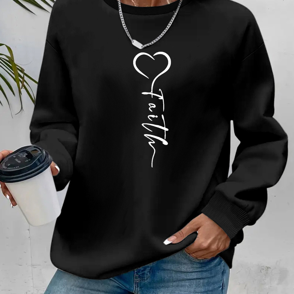 

Cozy Fleece-lined Cartoon Heart Print Sweatshirt For Women - Casual Crew Neck Pullover, Fall & Winter