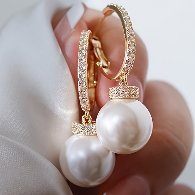 TEMU Elegant Pearl Dangle Earrings For Women, 1 Pair, Copper With Golden , Luxurious Style, Wedding, Banquet, Valentine's Day, Birthstone Jewelry Accessory