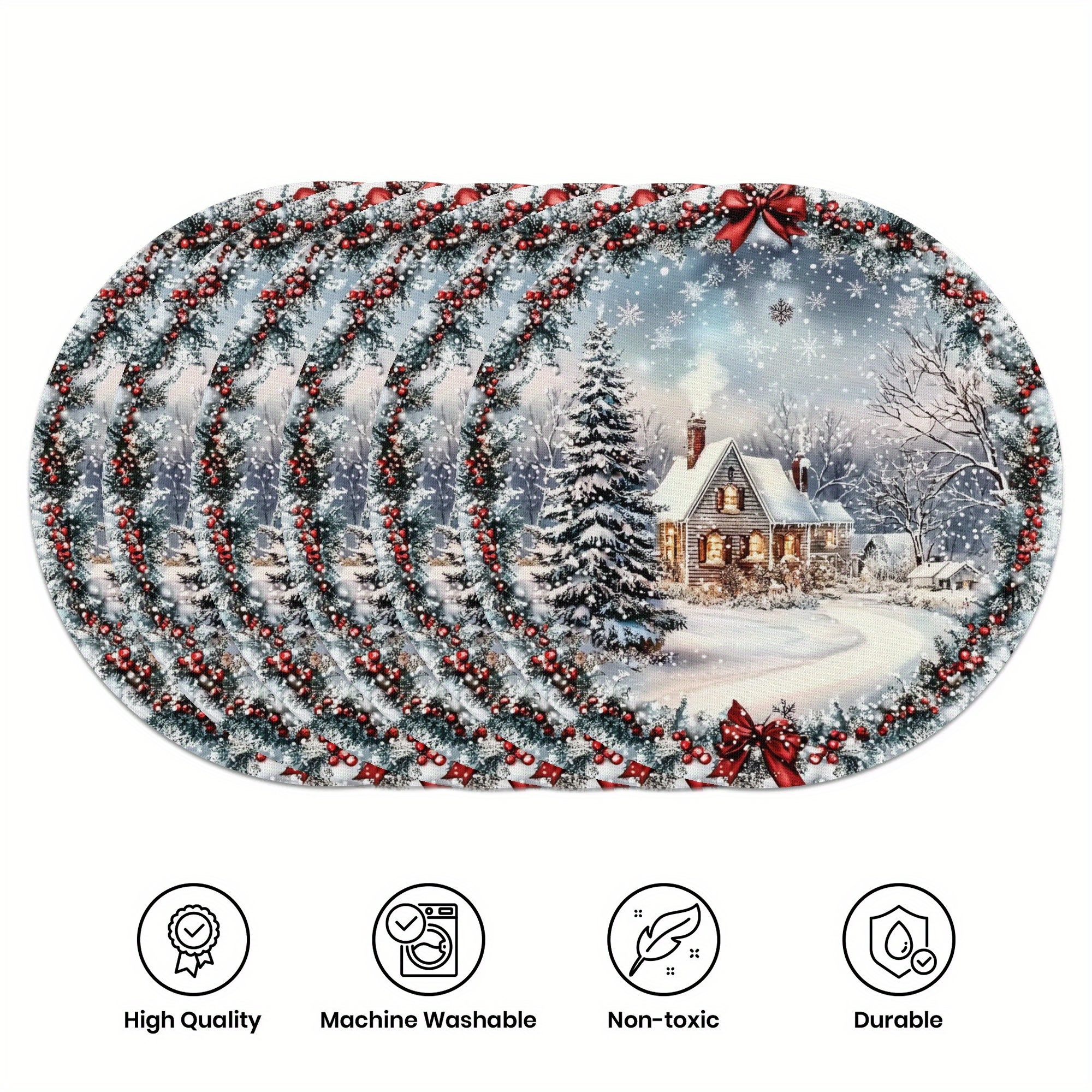 

6-piece Winter Placemat Set - 15" Round, Christmas Ice & Snow Theme, Hand Wash Only, Anti-slip, Heat-resistant, Polyester Woven Table Mats For Holiday Dining Decor