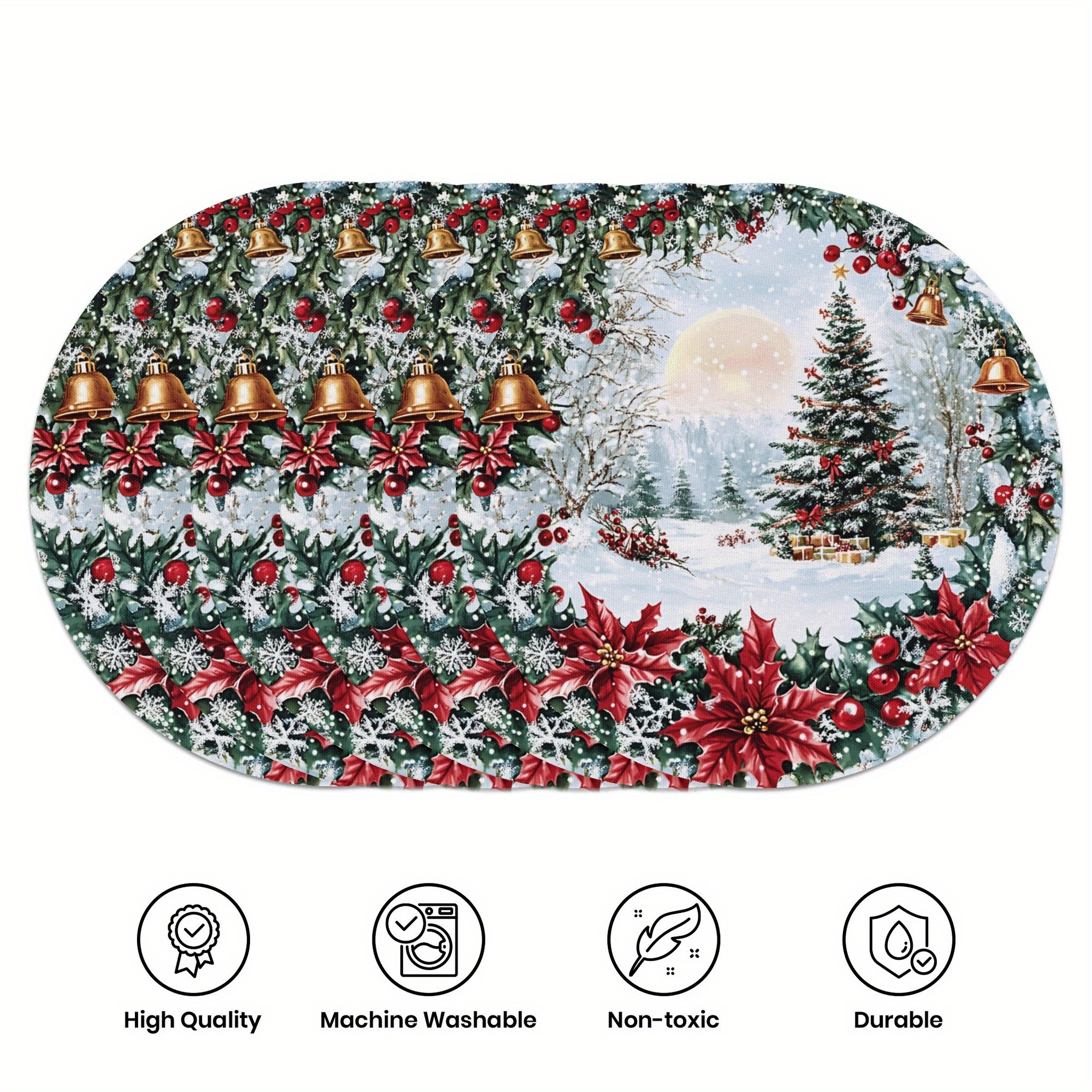 

6-piece Winter Christmas Placemats Set - Polyester Woven Round Table Mats, 15" Ice And Snow Themed, Hand Washable, Non-slip, Heat-resistant, Holiday Dining Decor