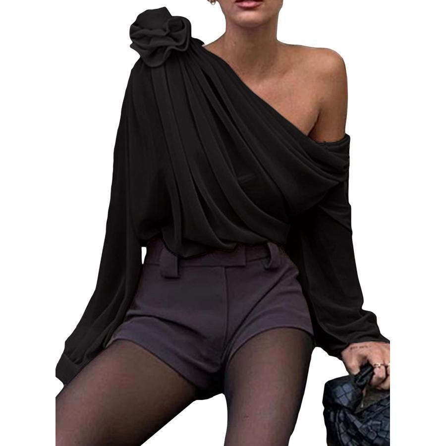 

Elegant One-shoulder Chiffon Blouse With 3d Floral Detail - Long Sleeve, Loose Fit For Spring & Fall - Machine Washable