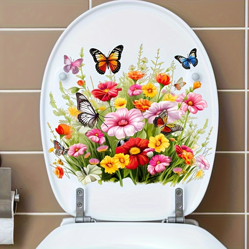 

Floral & Butterfly Toilet Lid Decal - Self-adhesive Pvc Sticker For Bathroom Ceramic , Unique Shape - For Home Decor