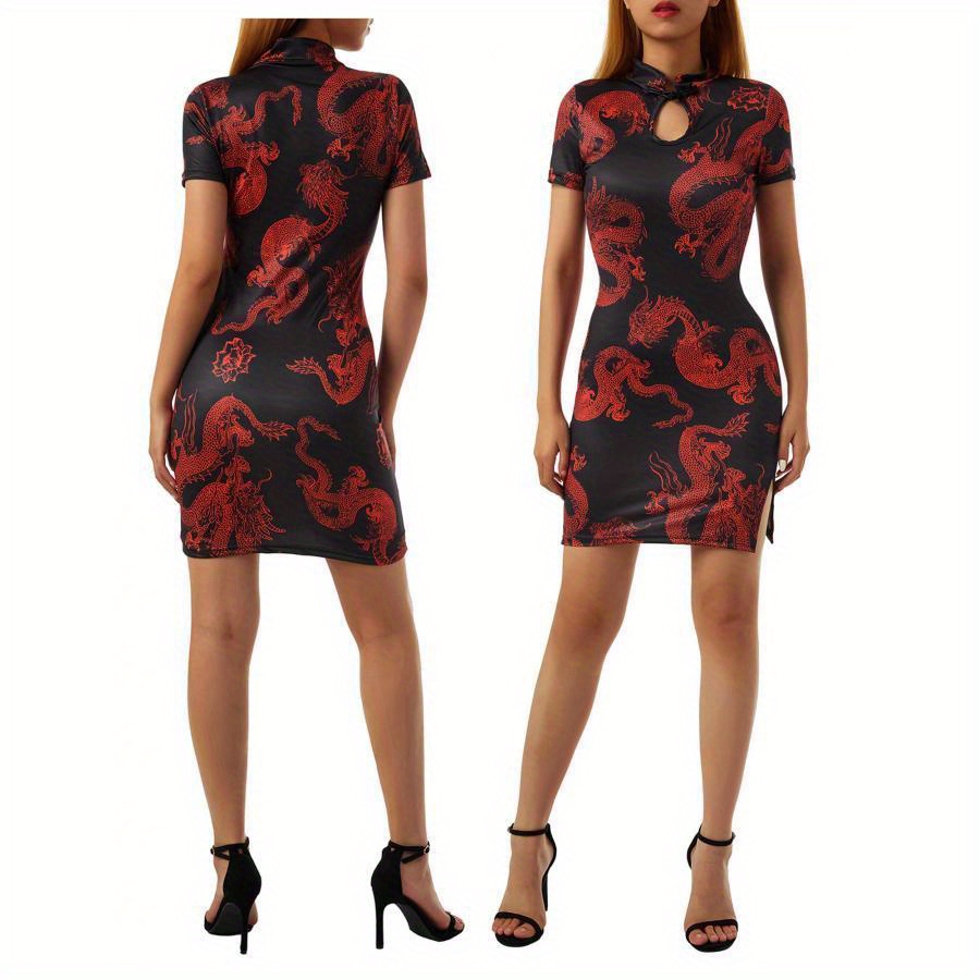 

Women Cheongsam Dress, Frog Button Mock-neck Dragon Short Sleeve Hollow Hip Dress, /bar/club Split Short One-piece