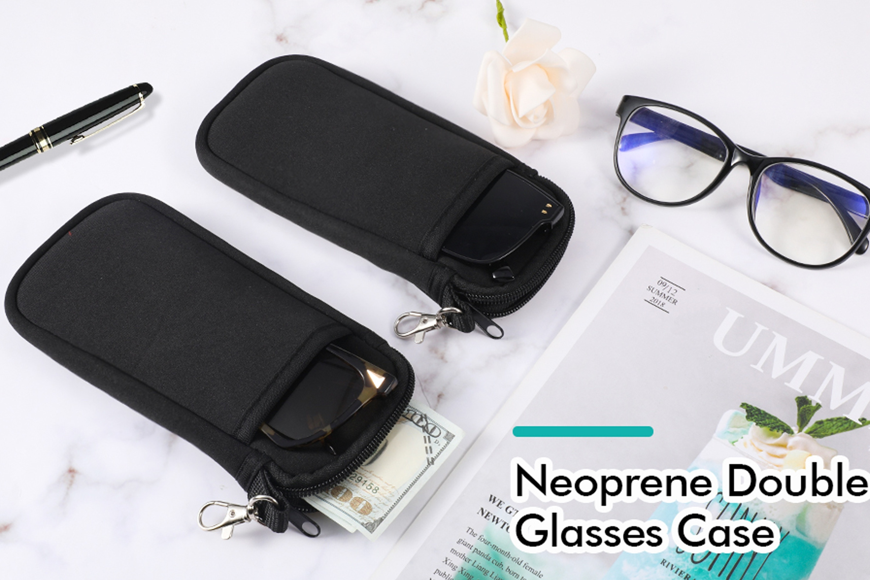 soft neoprene glasses bag with zipper and carabiner ultra lightweight portable double glasses case set details 0