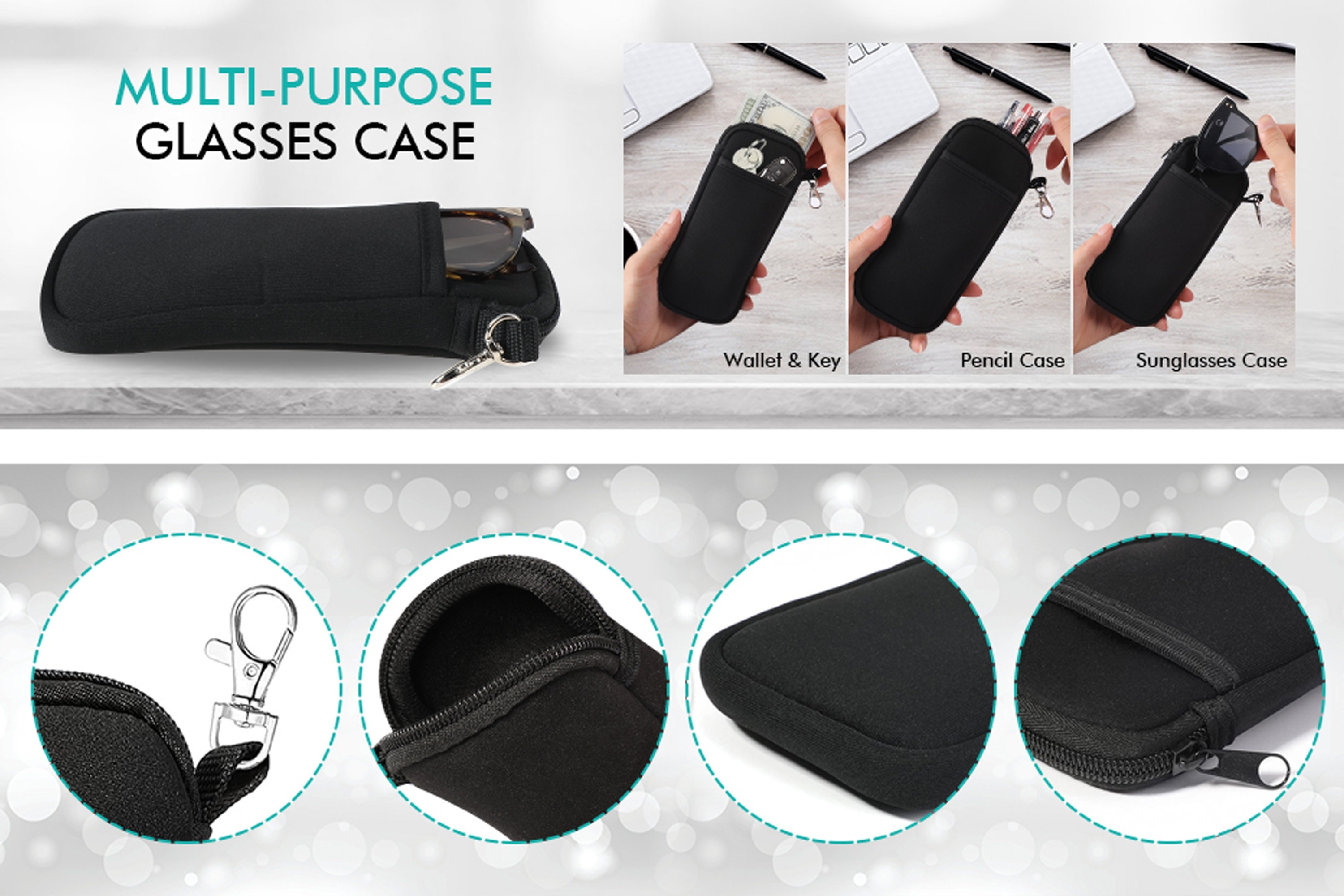 soft neoprene glasses bag with zipper and carabiner ultra lightweight portable double glasses case set details 1