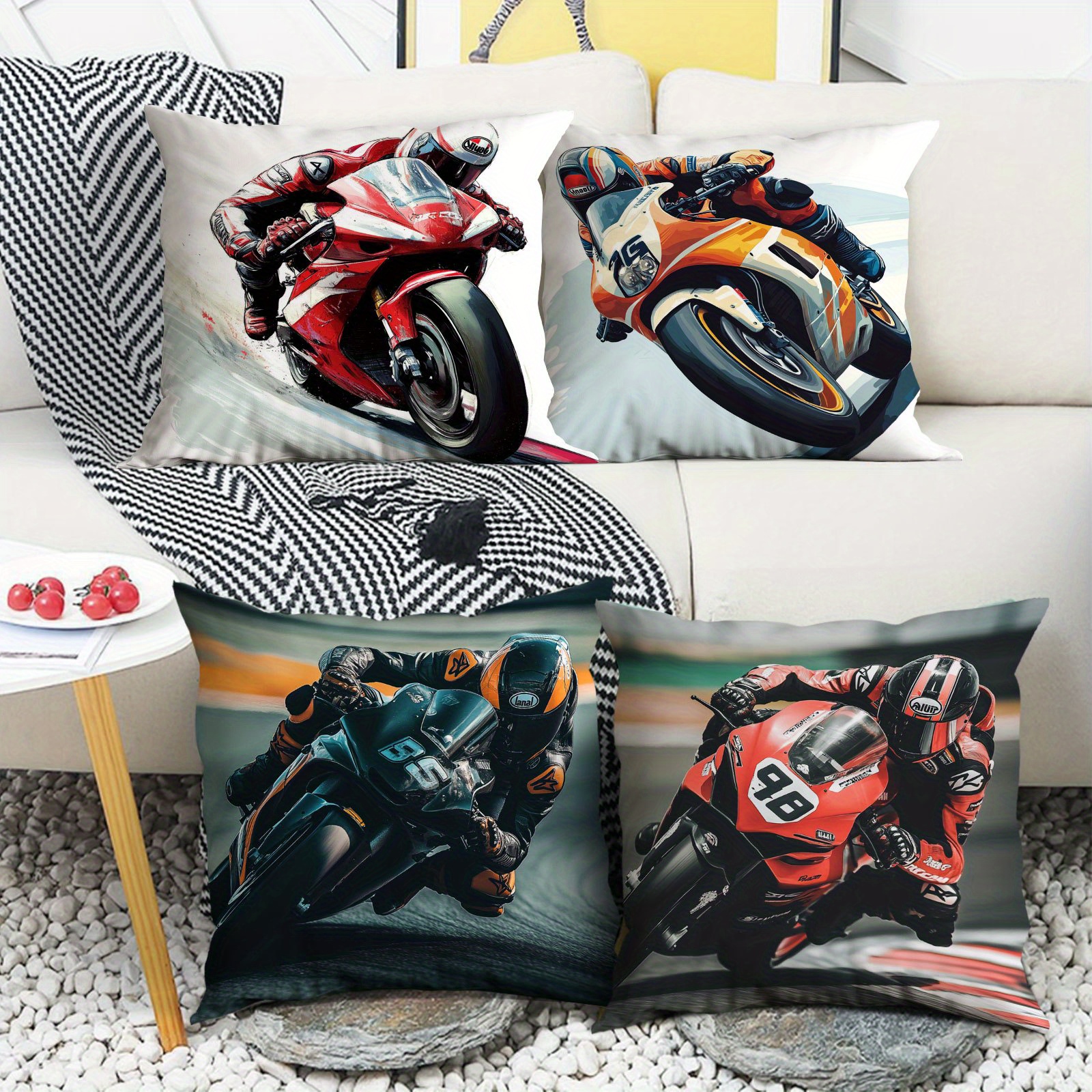 

4pcs Ultra- Covers Set - Motorcycle Design, & Machine Washable For All - Christmas, Thanksgiving, Hanukkah Decor | Indoor/outdoor Sofa, Bed, Car Cushions