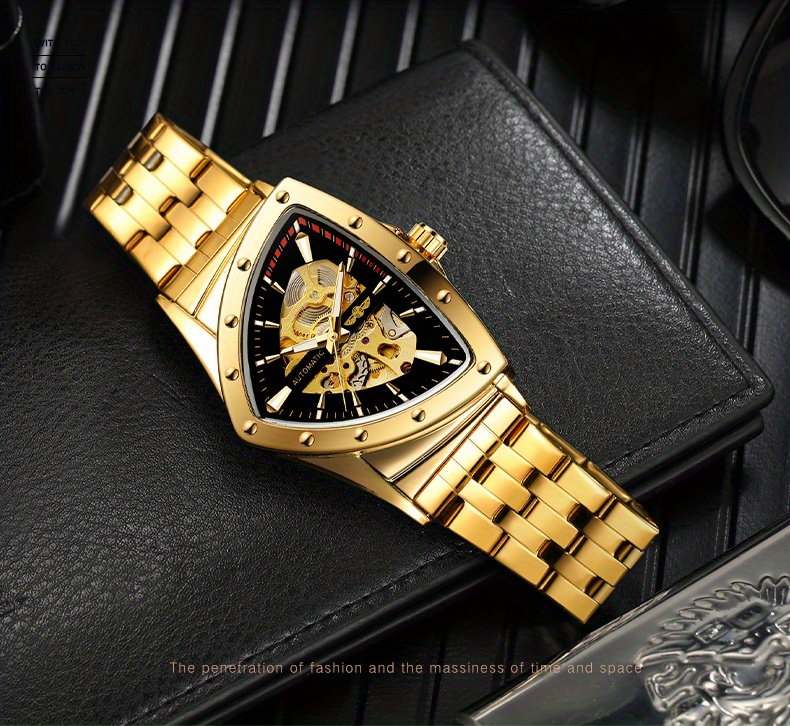 1pc mens   skeleton automatic watch mechanical self winding stainless steel sports wristwatch with   hands silicone strap no battery required details 3