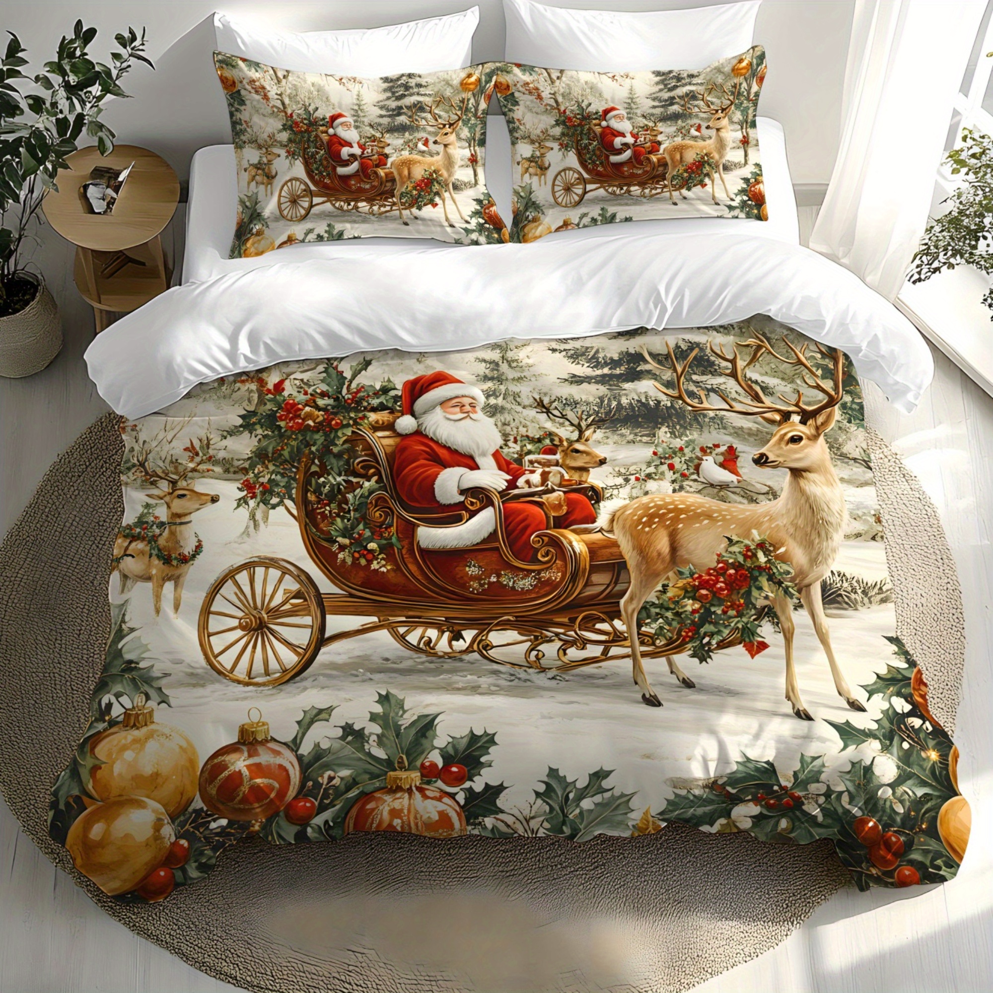 TEMU 2/3pcs Christmas, Santa Claus, Sleigh, Reindeer, Snowman And Snowflake, Gift Pattern Three-dimensional Super Soft Fleece Digital Printing Quilt