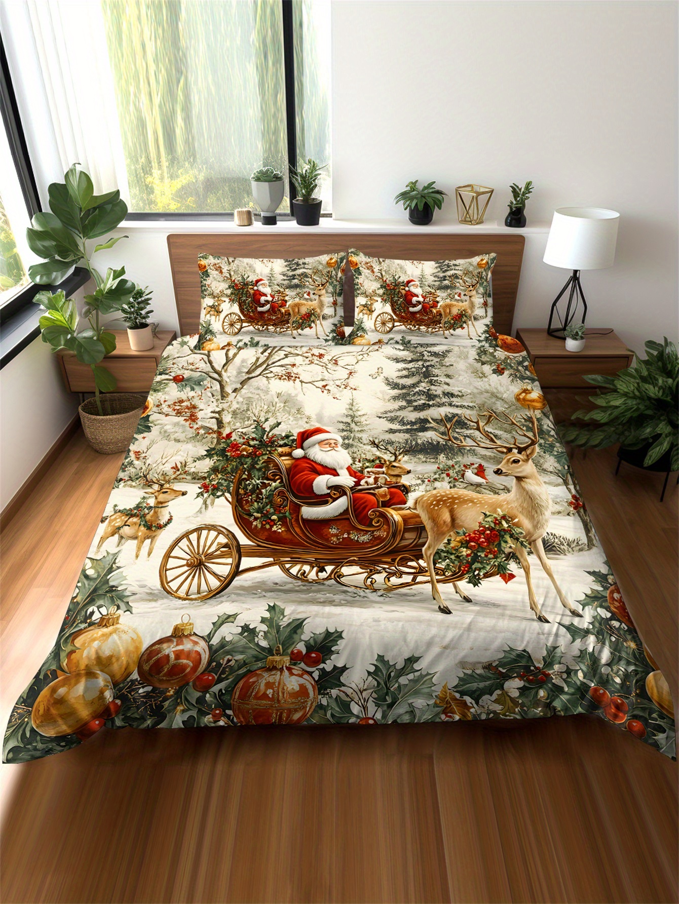 2 3pcs christmas santa claus sleigh reindeer snowman and snowflake gift pattern three dimensional super soft fleece digital printing quilt cover kit bedding not including filling fabric soft and comfortable suitable for bedroom   hotel school   1 quilt cover 1 2 pillowcase details 0