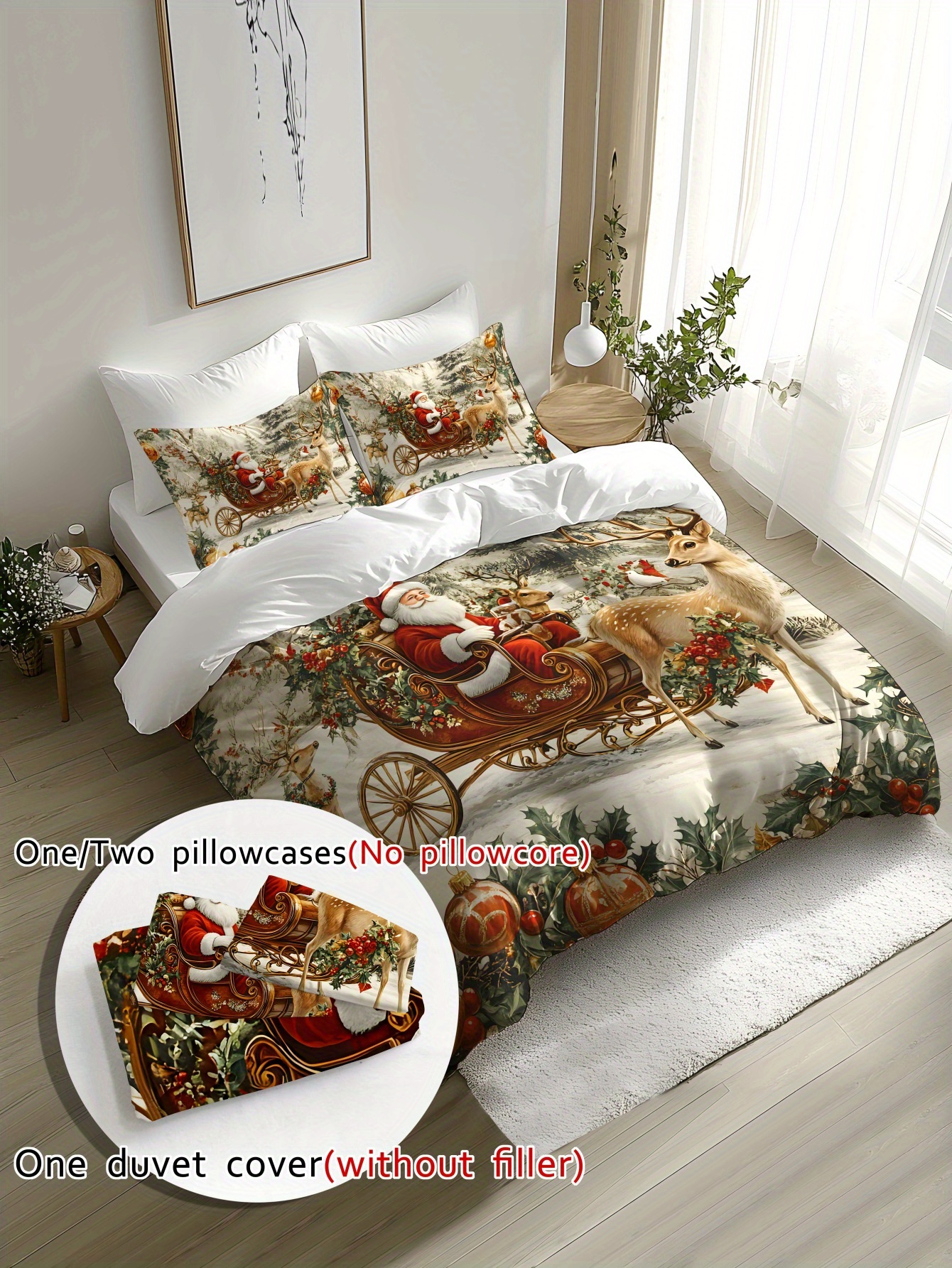 2 3pcs christmas santa claus sleigh reindeer snowman and snowflake gift pattern three dimensional super soft fleece digital printing quilt cover kit bedding not including filling fabric soft and comfortable suitable for bedroom   hotel school   1 quilt cover 1 2 pillowcase details 1