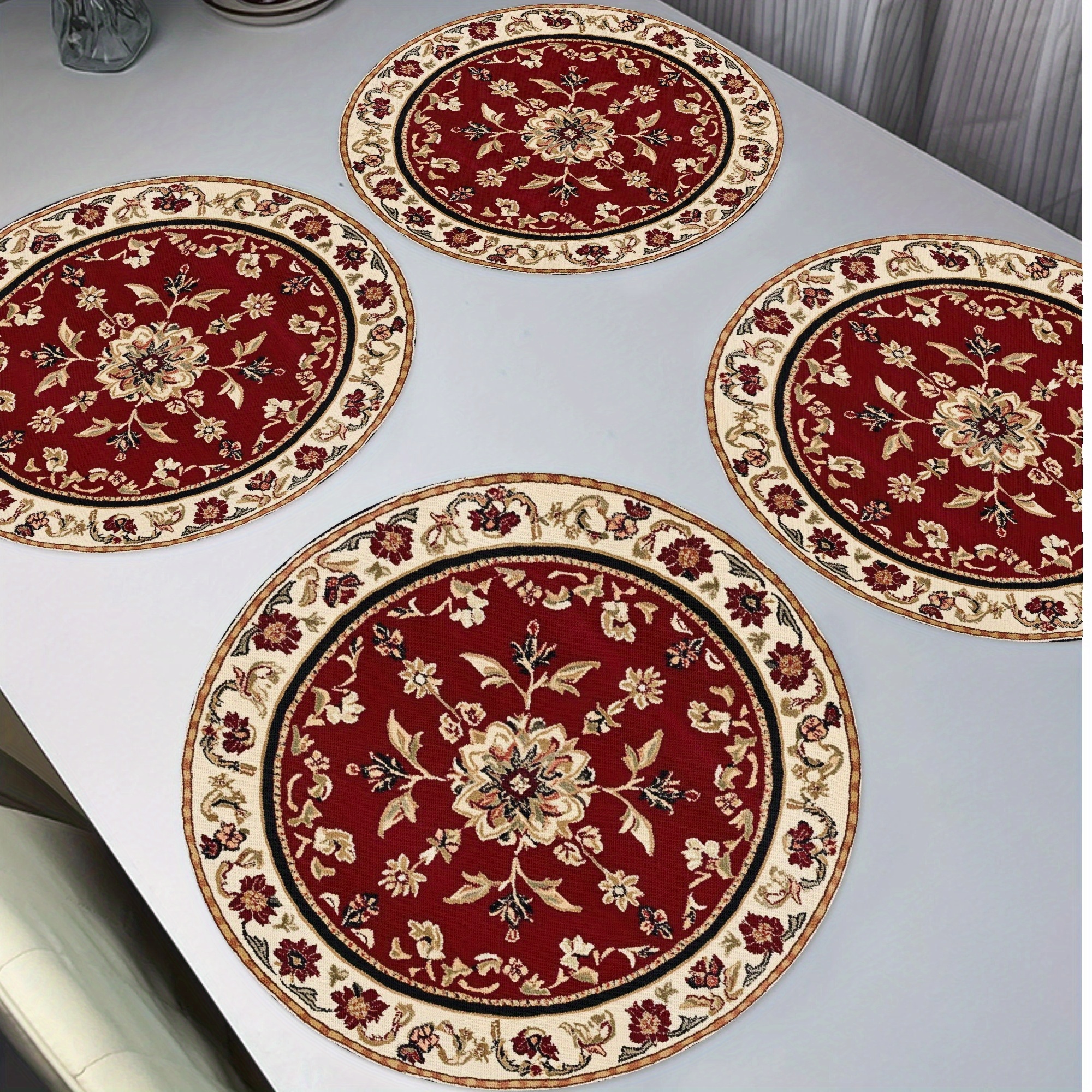 

4-pack Vintage Placemats, 15" Round Table Mats, Polyester, Floral Foliage Design, Non-slip, Machine Washable, Hand Wash Only, For Home Decor, Kitchen, Banquet, Party Dining Table Decor