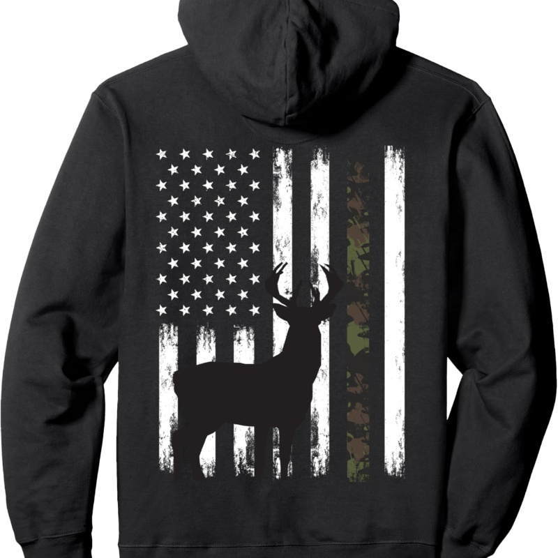 

Deer Hunting Buck Camo American Flag Pullover Hoodie - Print On Back - Fashionable Cut With Front Pouch Pocket, For