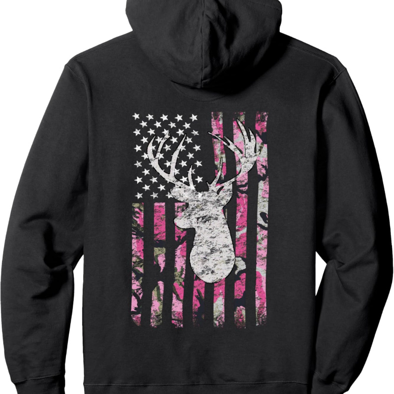 

Deer Hunting Flag Distressed Hoodie Pullover Hoodie - Print On Back - Fashionable Cut With Front Pouch Pocket, For