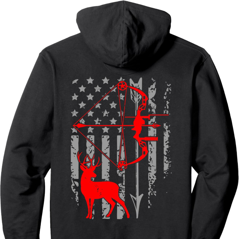 

Deer Hunting American Flag Bow Hunting Patriotic Hunters Pullover Hoodie - Print On Back - Fashionable Cut With Front Pouch Pocket, For