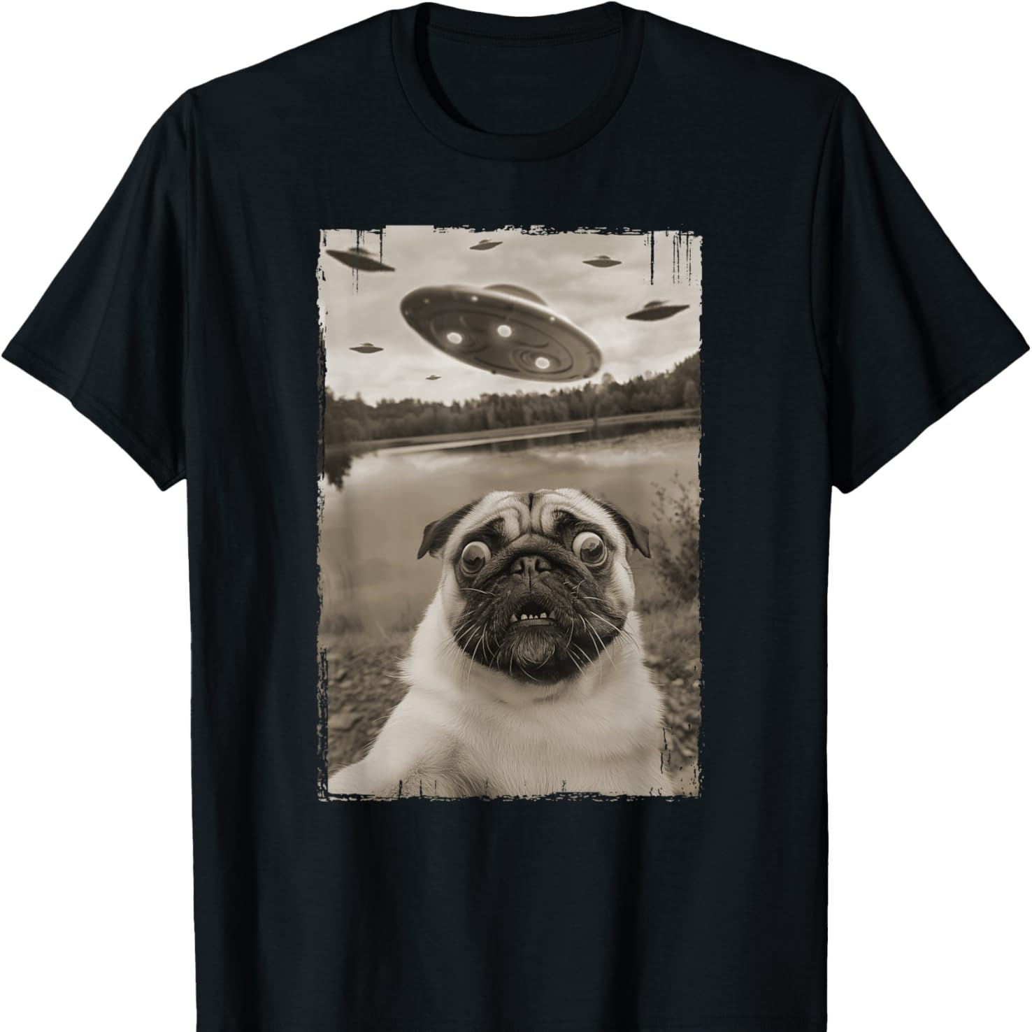 

Vintage Pug Ufo - Funny Ufo And Pug Selfie T-shirt Pure Cotton Interesting Design Diy Short Sleeve T-shirt For Men, Soft And Breathable, Suitable For All , Comfortable, Casual And Sports