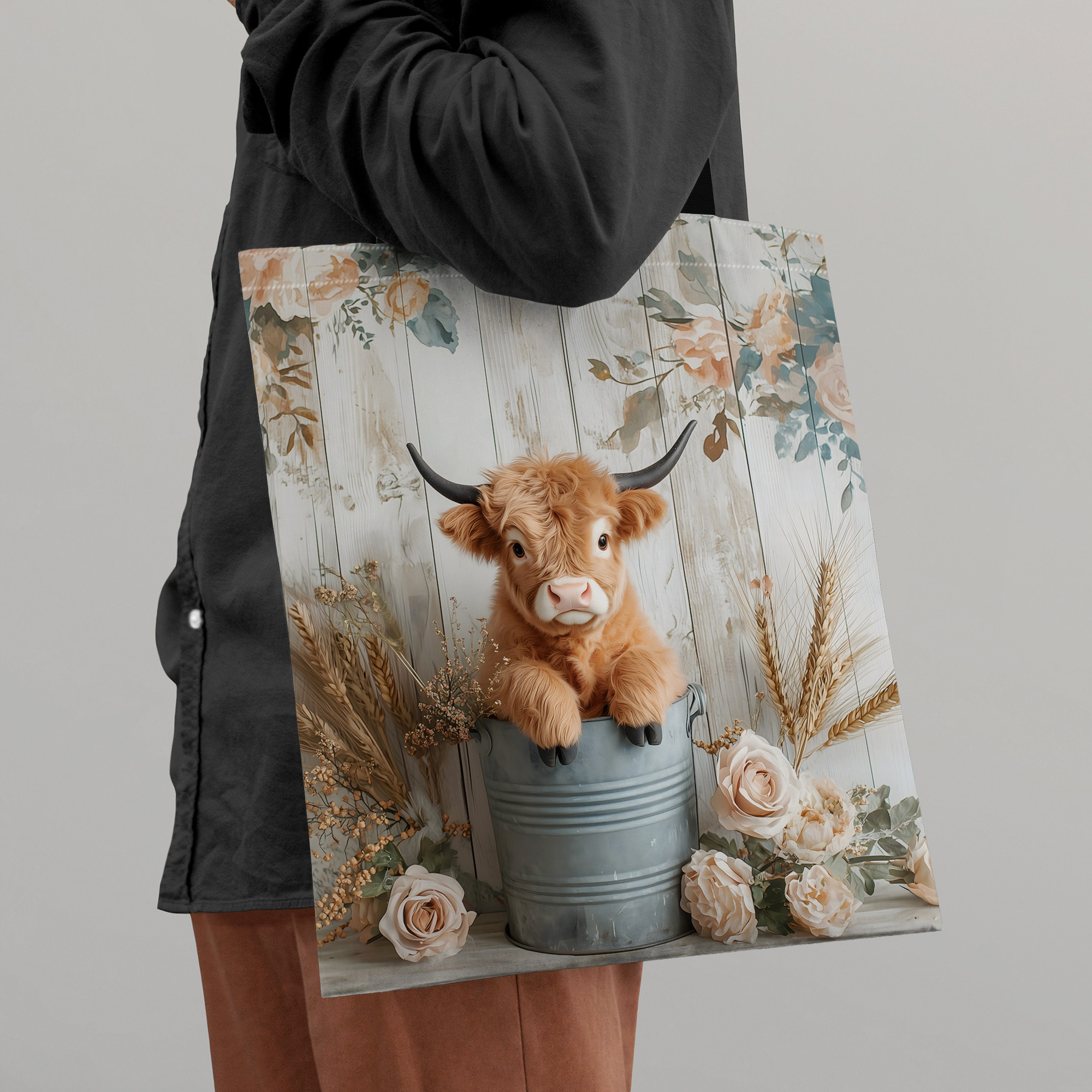 

1pc Rustic Highland Cow Canvas Tote Bag – With Metal Bucket, Roses & Wheat Sheaves, Polyester Shopping Bag For Men, Casual , Cow Decor