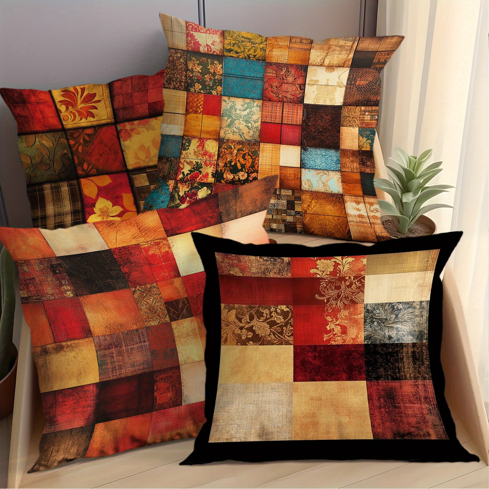 

4-piece Set, Orange And Red Patchwork Fabric Cushion Covers, Contemporary Style, Polyester, Zippered, Machine Washable, For Office, Bedroom, Balcony, Car, Sofa, Patio Decor