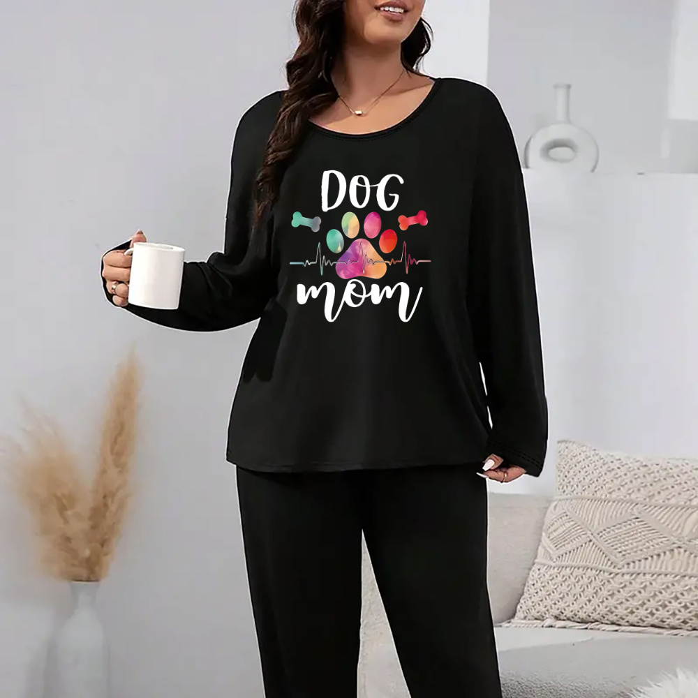 

Autumn And Winter Style - Christmas Large Size Women's Dog Paw Print Round Neck Warm Long Sleeve Home Clothes And Pants Set