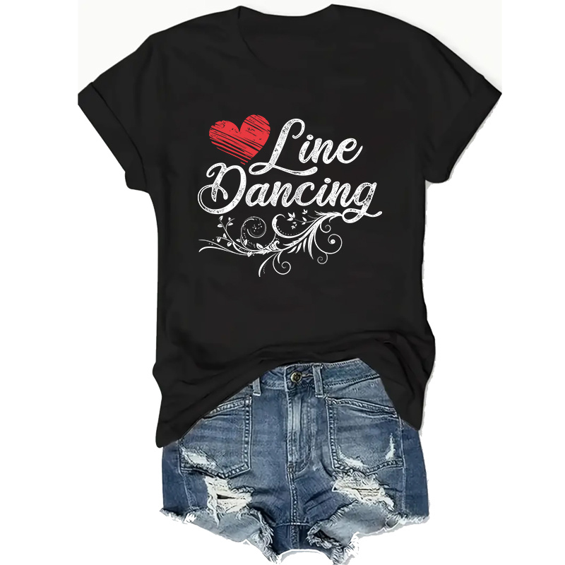 

Women's Plus Size Line Dancing Love Heart T-shirt, Casual Short Sleeve Tee, Geometric Pattern, Stretch Knit Fabric, Round Neck, Polyester Top