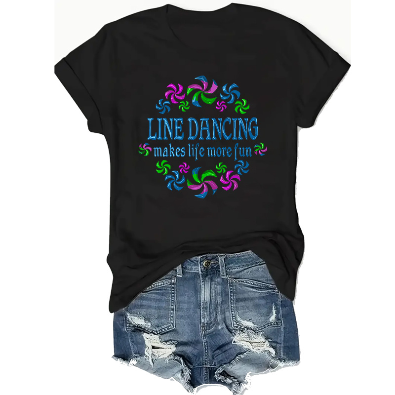 

Line Dancing Fun Women's Plus Size T-shirt - Casual Geometric Pattern, Knit Fabric, Polyester, Crewneck Short Sleeve Top