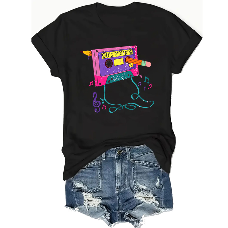 

Retro 90s Cassette Tape Graphic Tee For Women - Plus Size, Short Sleeve, Crew Neck, Stretchy Polyester , Machine Washable - Casual Summer Fashion Top