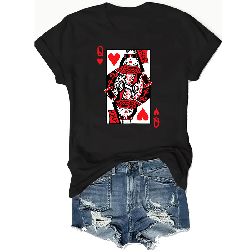 

Queen Of Hearts Playing Card Design T-shirt For Women - Casual Polyester Knit Fabric, Round Neck, , Plus Size 0xl-4xl