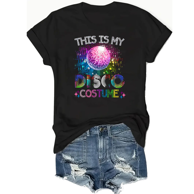 

1pc Women's Plus Size Casual Tee, " Disco Costume" Graphic, Polyester Knit Fabric, Round Neck, Short Sleeve, Oversized Summer Top