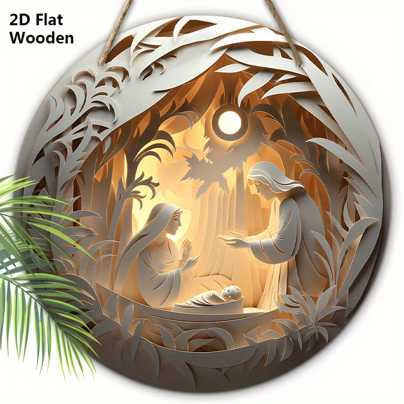 TEMU Piatto 2D, 1 pz Targa Natalizia in Legno con Presepe, Targa Appesa in Legno di Ges羅 per Balcone Porta, Decorazione Natalizia , Targa Decorativa