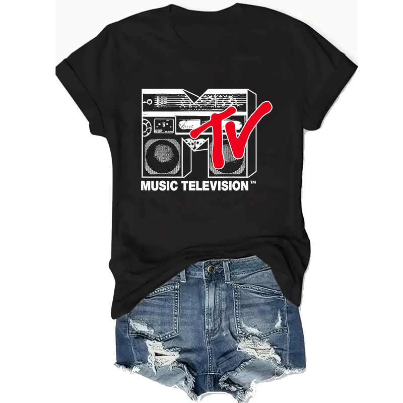 

Women's Casual Short Sleeve T-shirt, Mtv Red Boombox Print, Crew Neck Fashion Top, Lightweight Soft Summer