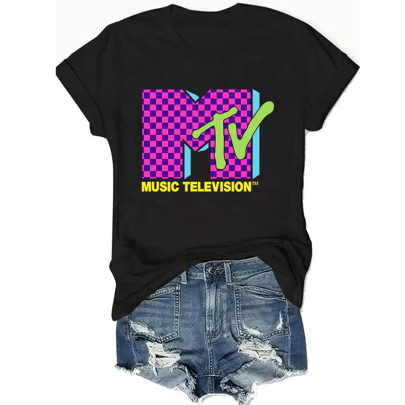 

Mtv Music Television Retro 80's Neon Pink Checkerboard -shirt For Women - Casual, Knit Fabric, Polyester, , Lightweight, Soft, Trendy Short Sleeve Crew Neck Top