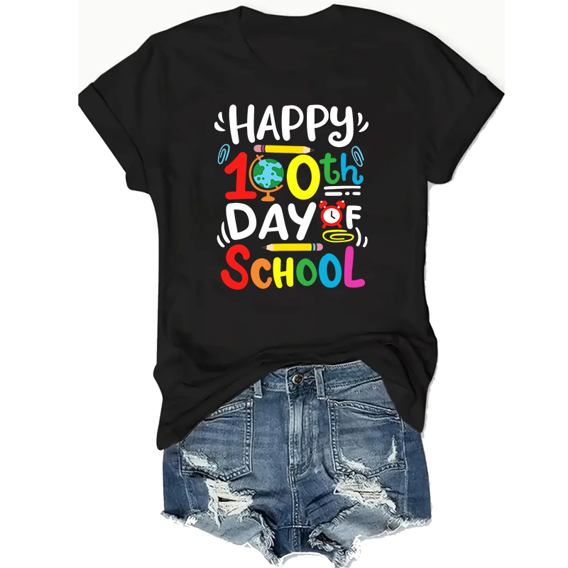 

Plus Size Crew Neck T-shirt With 100th Day Of School Graphic - Casual Polyester Knit Fabric Top With Slight Stretch For Women