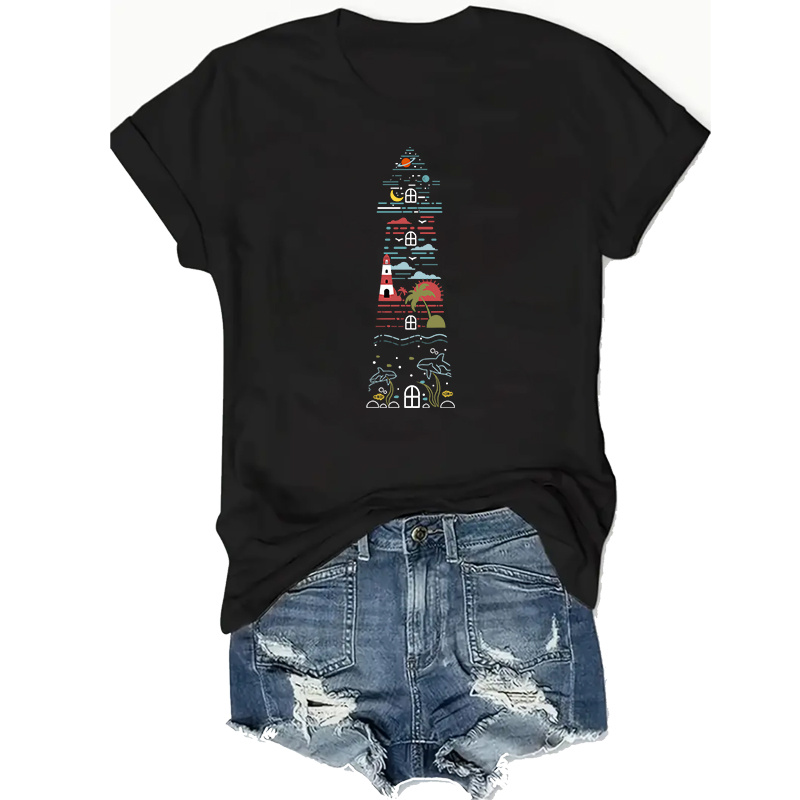 

Plus Size Lighthouse Graphic Tee For Women - Casual Crew Neck Short Sleeve T-shirt, Stretchy Polyester , Machine Washable, Non-transparent, Fit